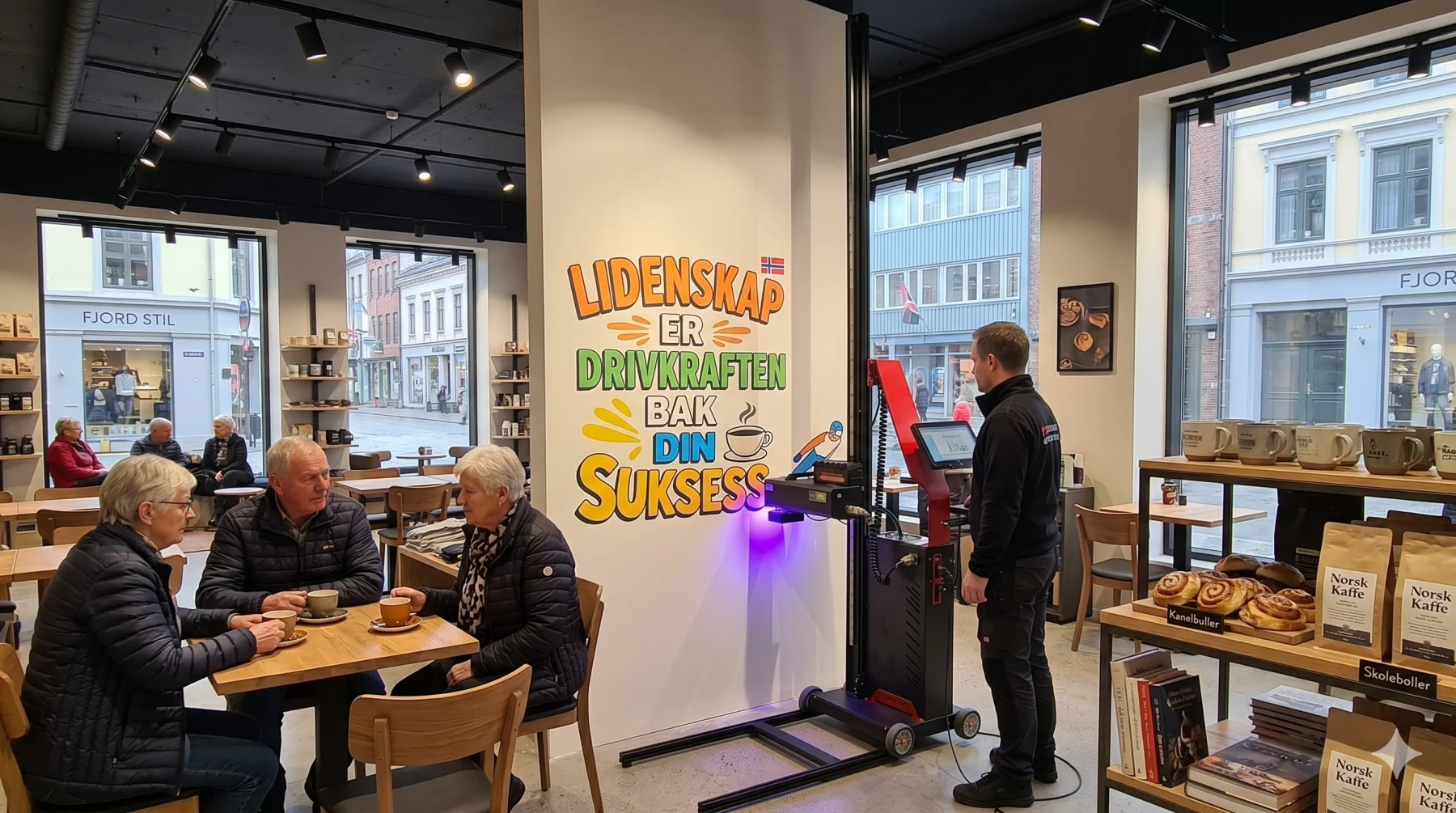 UV-veggprinter som printer tekst og grafikk direkte på vegg i butikk- og showroommiljø.